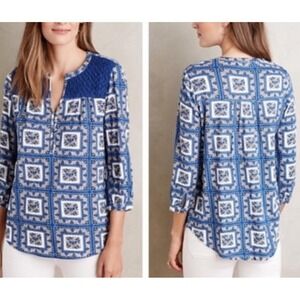 Anthro Porridge Belmar Patchwork Floral Blouse Top Medium Blue Boho Cottage